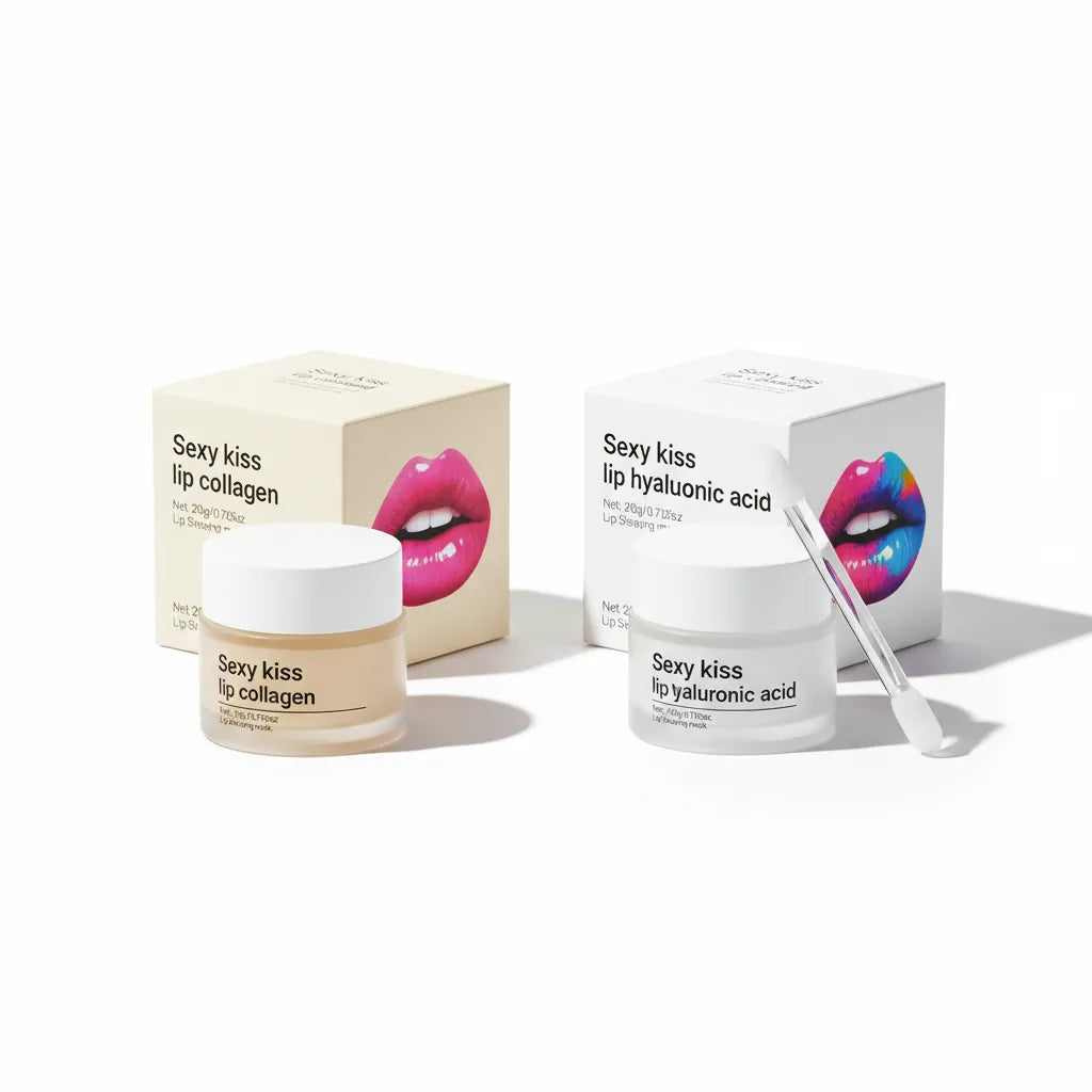 Duo masque lèvres IceRelief collagène et acide hyaluronique - pots et boîtes packaging, soin nuit repulpant hydratant, studio fond blanc
