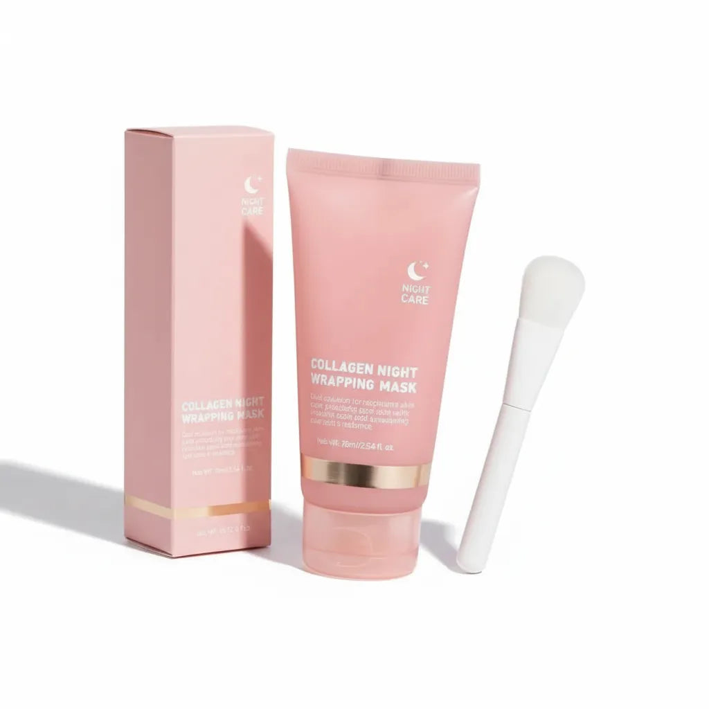 Masque nuit collagène IceRelief - tube rose boîte packaging et pinceau applicateur, soin anti-âge repulpant, studio fond blanc