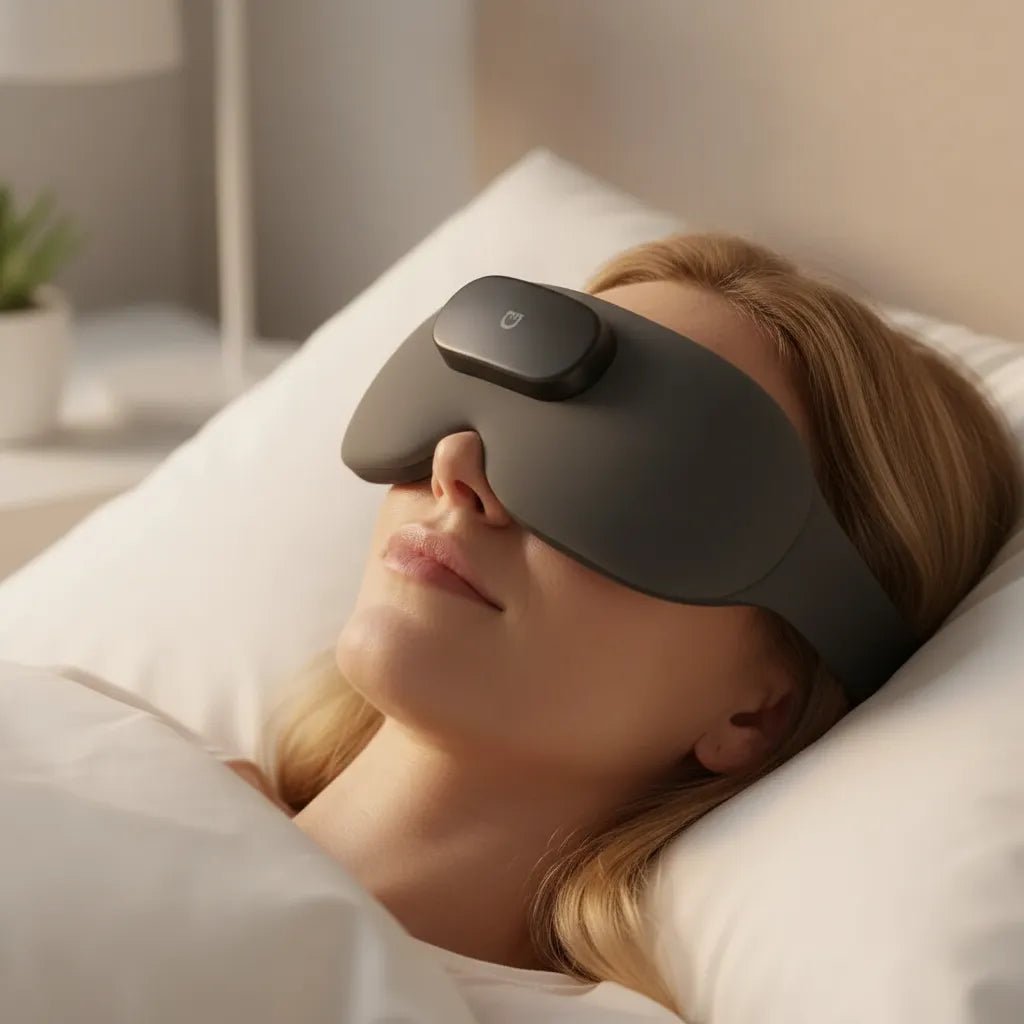 Femme allongée sur lit portant le masque oculaire chauffant IceRelief – détente profonde, soulagement tension oculaire et stress