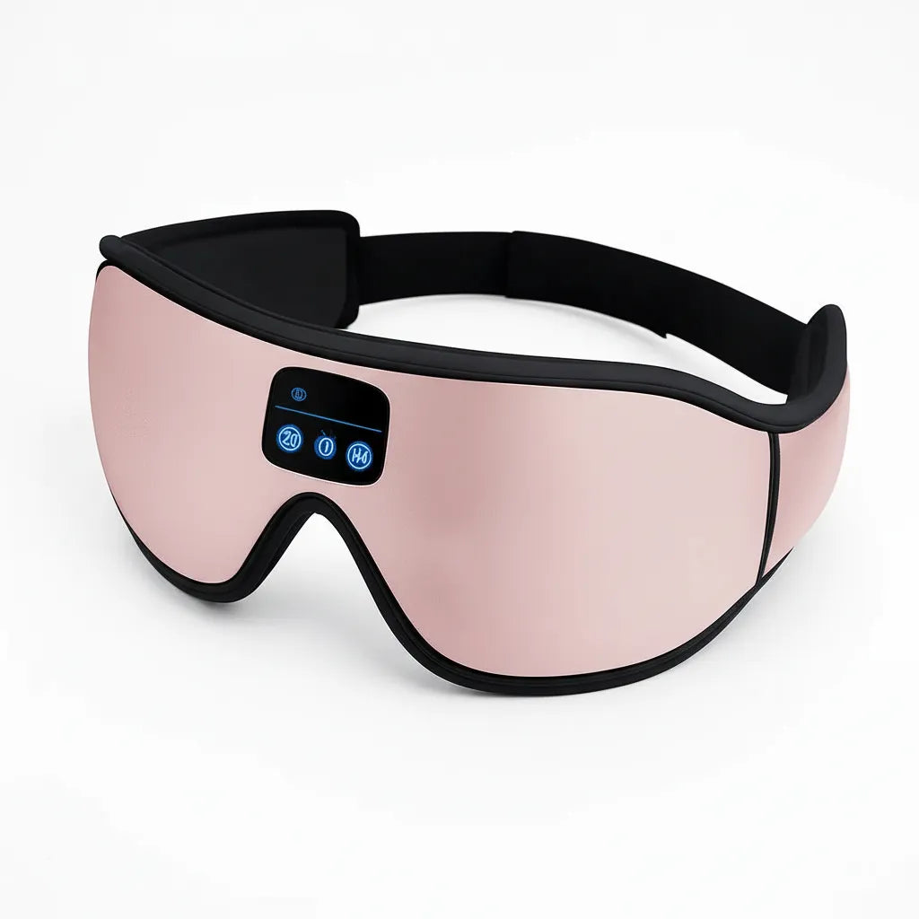 Masque de sommeil Bluetooth IceRelief 3D rose - écouteurs intégrés, sans pression sur les yeux, tissu doux, confort nuit optimal, fond blanc