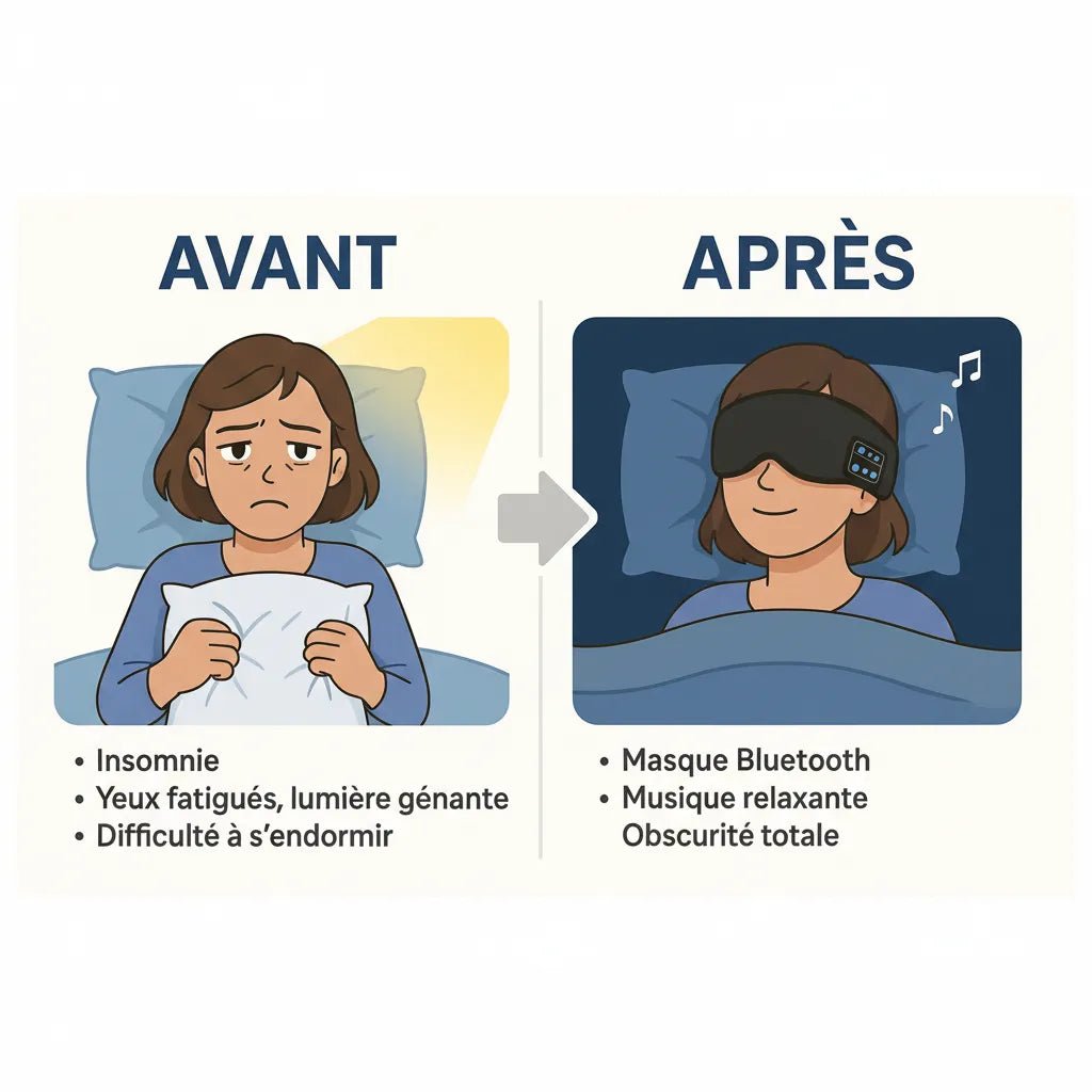 Avant après masque sommeil Bluetooth 3D - insomnie vs sommeil profond réparateur avec musique