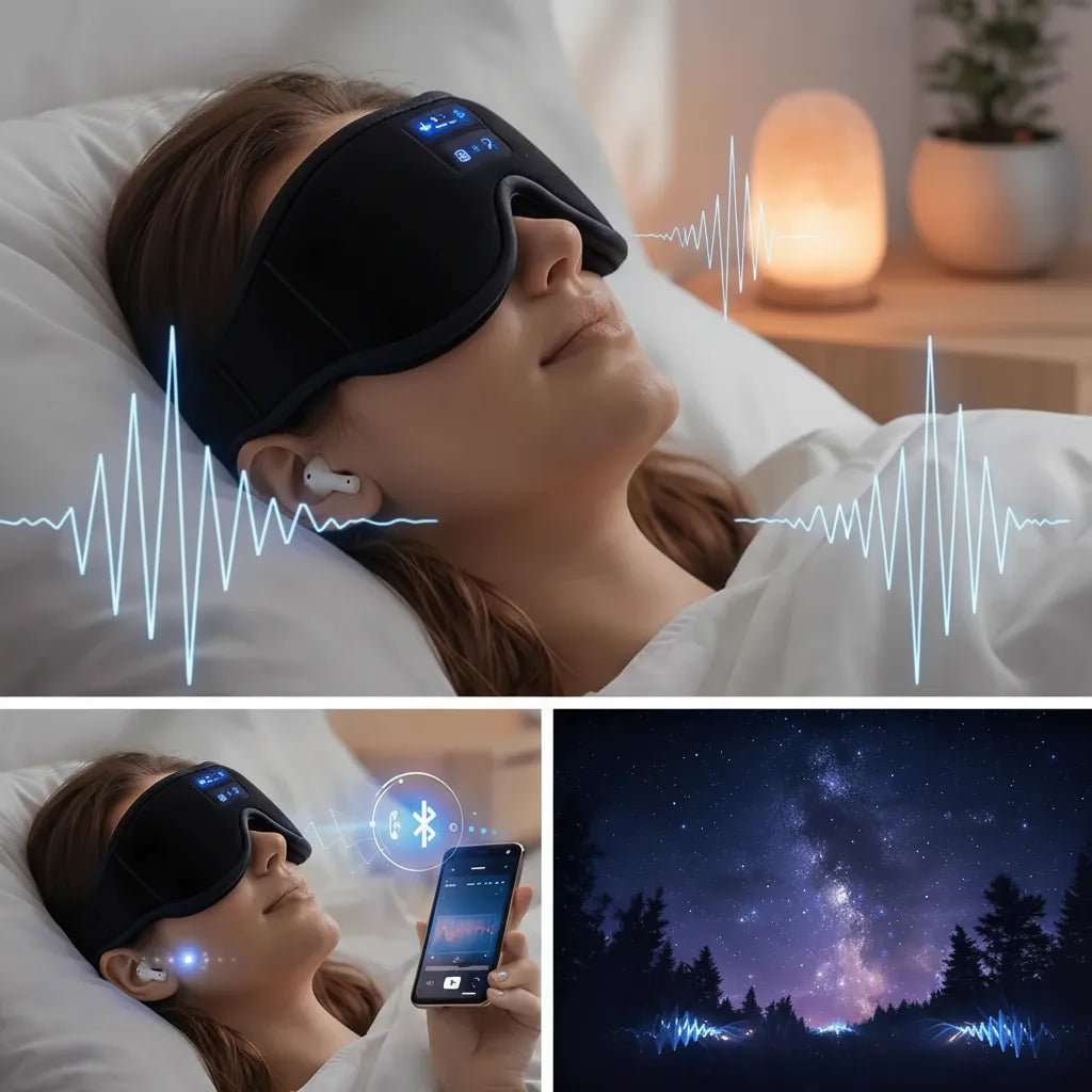 Femme utilisant le masque de sommeil Bluetooth IceRelief pour un sommeil réparateur avec isolation sonore et visuelle