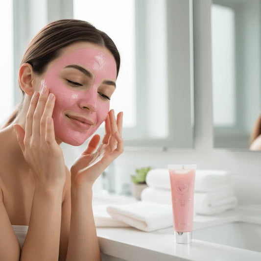 Masque visage collagène hydratant anti-âge - femme appliquant soin raffermissant