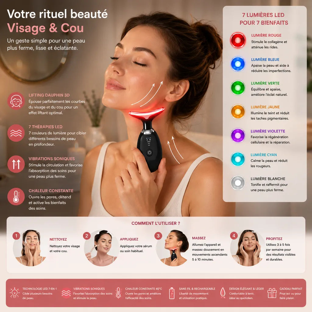 Femme utilisant le masseur visage et cou LED 7-en-1 IceRelief pour raffermir la peau, lisser les rides et améliorer l’éclat du visage grâce à la photothérapie LED.