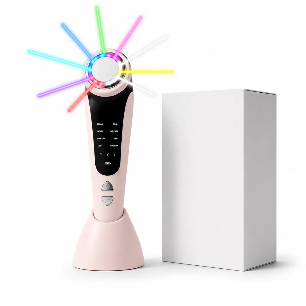 Masseur visage LED 7-en-1 IceRelief rose avec photothérapie multicolore, effet lifting anti-rides et boîte blanche minimaliste sur fond studio blanc.