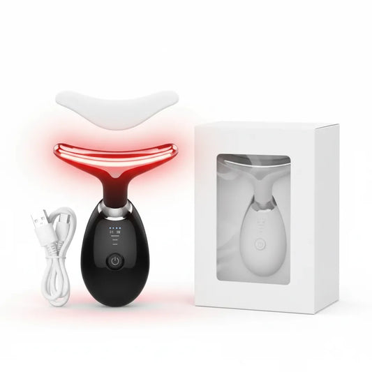 Masseur cou LED rouge IceRelief - EMS lifting anti-rides cou décolleté, photothérapie rouge, appareil beauté professionnel noir, fond blanc