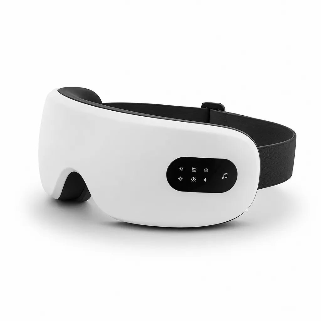 Masseur oculaire 16D Bluetooth chauffant IceRelief blanc avec design ergonomique, effet studio premium, ombre légère et fond blanc pour fiche produit Google Shopping.