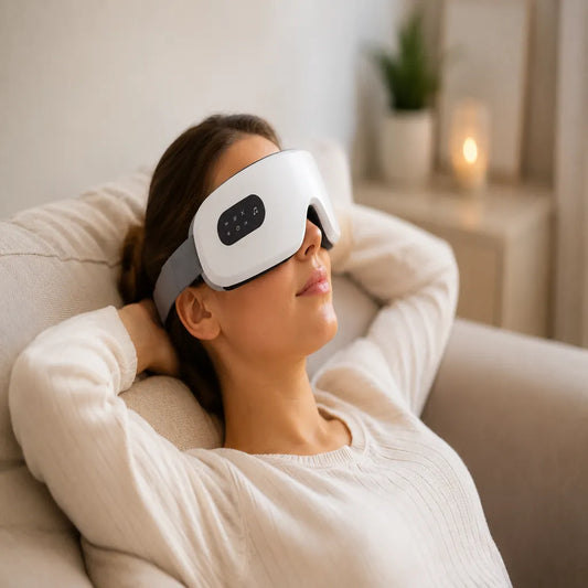 Femme détendue portant un masseur oculaire Bluetooth chauffant IceRelief dans un salon moderne pour réduire la fatigue des yeux, se relaxer et profiter d’un massage chauffant avec musique intégrée.
