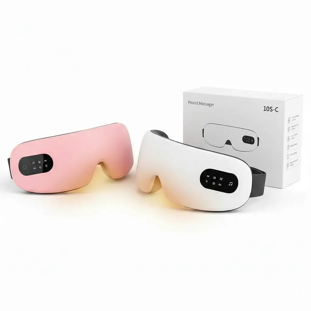 Masseur oculaire Bluetooth IceRelief 10S-C rose et blanc - duo avec boîte packaging origine, chauffant vibrant anti-fatigue, studio fond blanc