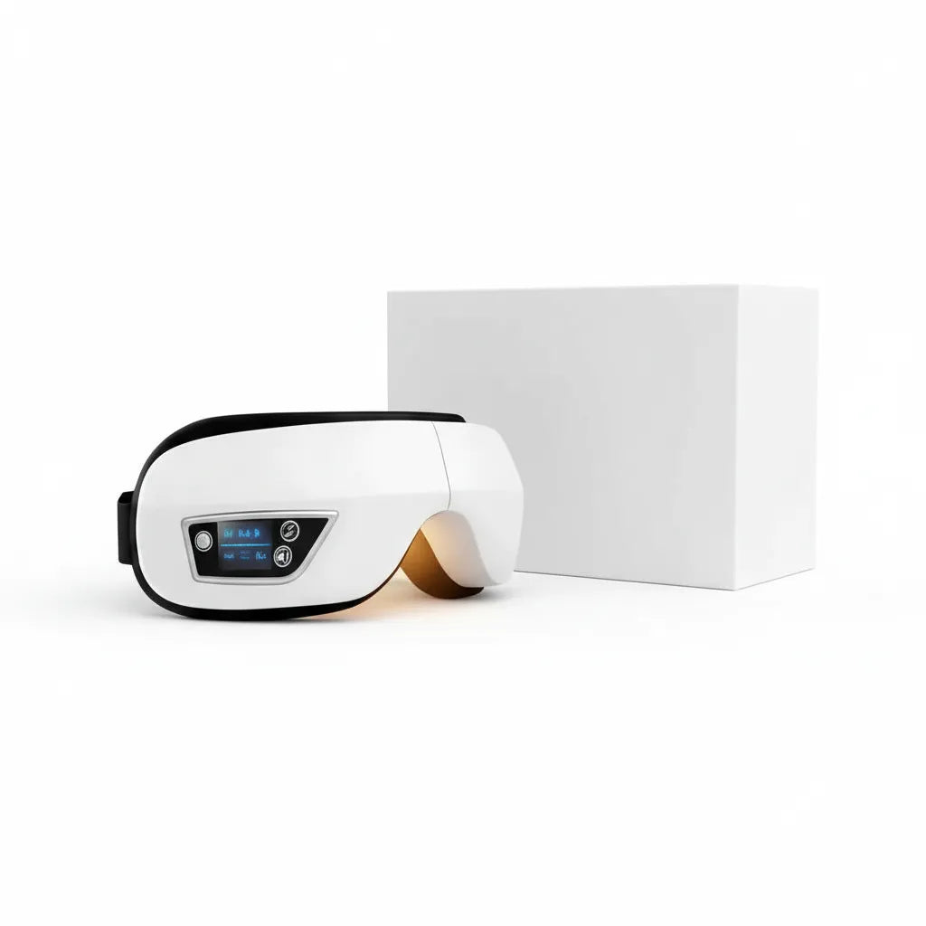 Masseur oculaire chauffant Bluetooth 6D IceRelief - compression air chaleur infrarouge, écran LED, anti-fatigue yeux cernes, blanc premium, fond blanc