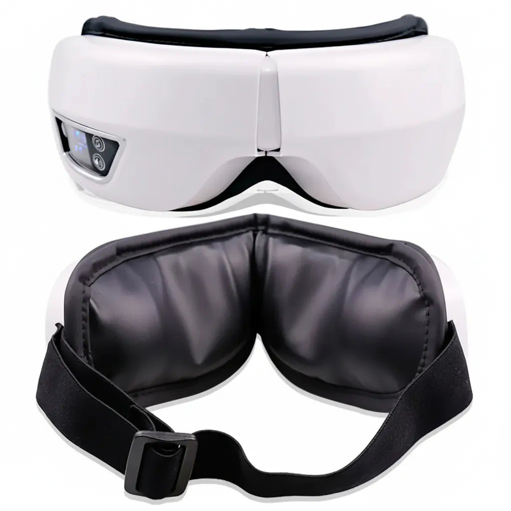 Masseur oculaire 6D Bluetooth IceRelief blanc et noir - vue extérieure et intérieure avec coussins d'air