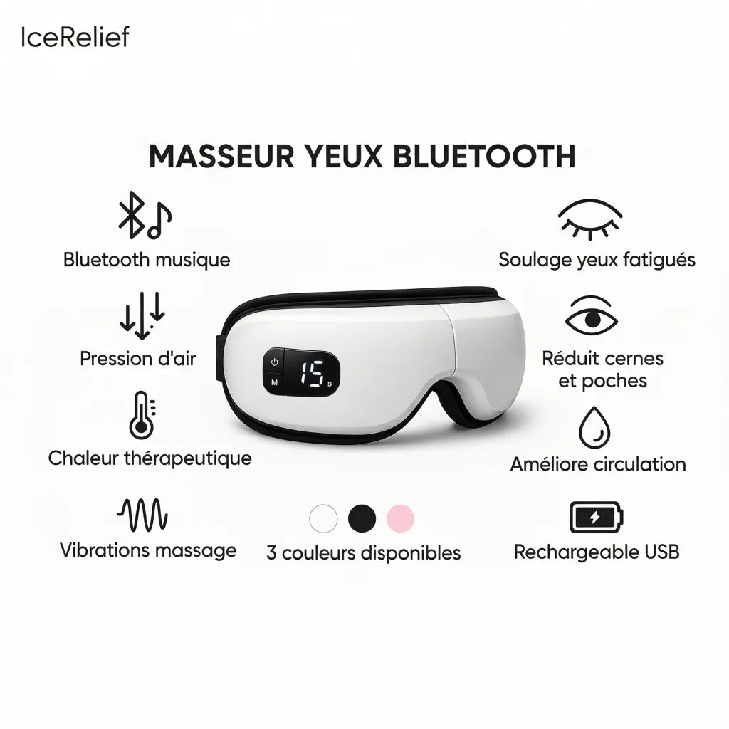 Bénéfices masseur yeux bluetooth IceRelief - pression air, chaleur, vibrations, musique, 3 couleurs