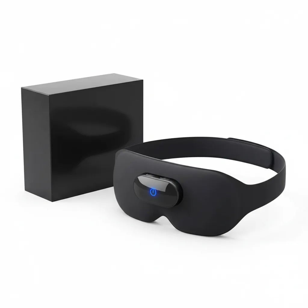Masseur oculaire IceRelief Bluetooth - chaleur infrarouge, vibrations anti-fatigue yeux, masque massage connecté noir, fond blanc
