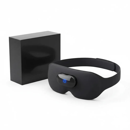 Masseur oculaire IceRelief Bluetooth - chaleur infrarouge, vibrations anti-fatigue yeux, masque massage connecté noir, fond blanc