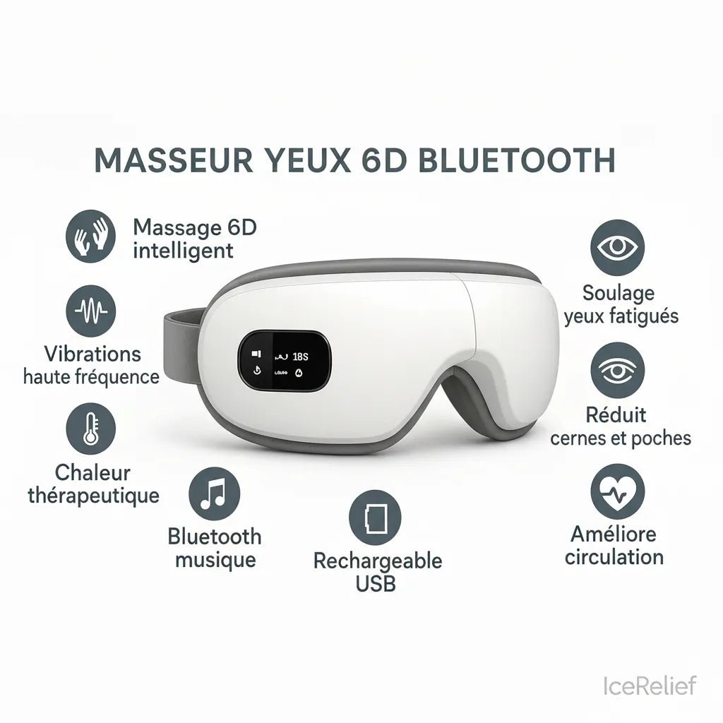 Masseur yeux 6D Bluetooth IceRelief premium pliable à 180 degrés pour voyage et rangement