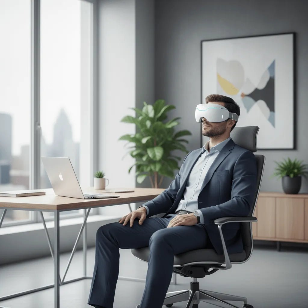 Homme utilisant le masseur oculaire à vapeur IceRelief au bureau pour soulagement de la fatigue numérique