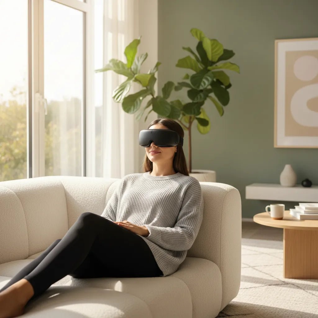 Femme se relaxant avec le masseur oculaire bluetooth IceRelief sur son canapé - moment détente à la maison