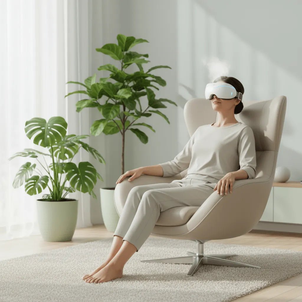 Femme utilisant le masseur yeux vapeur IceRelief pour hydratation et relaxation des yeux