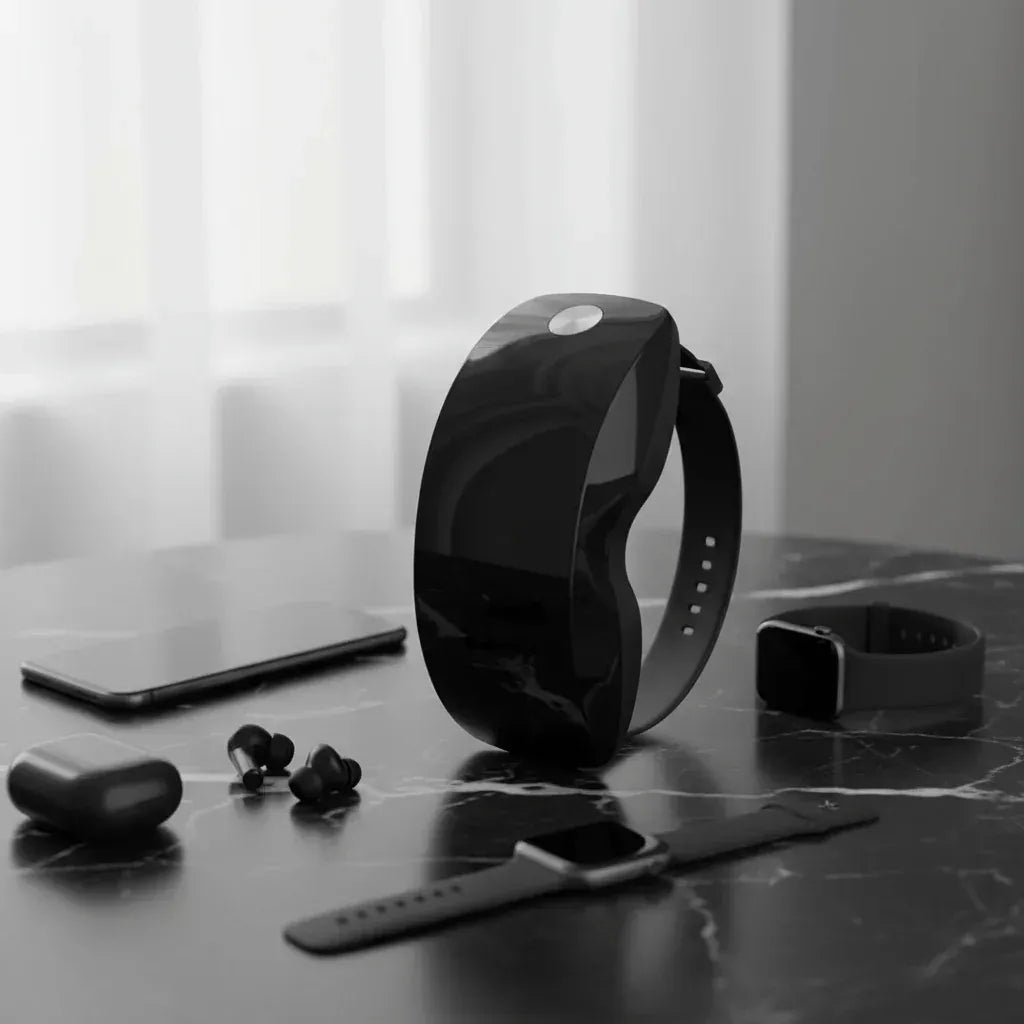 Masseur oculaire magnétique IceRelief noir en ambiance tech moderne