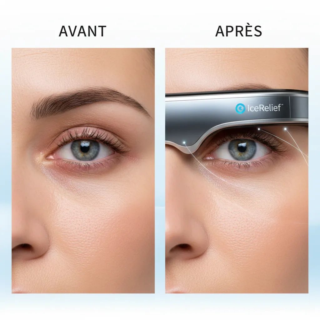 Avant après masseur oculaire magnétique IceRelief - réduction fatigue oculaire et cernes