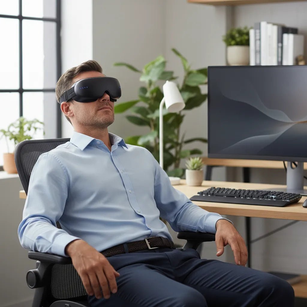Homme prenant une pause détente avec le masseur oculaire bluetooth IceRelief pendant le télétravail