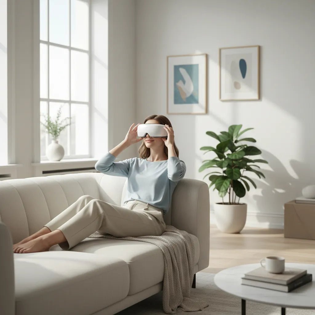 Masseur yeux vapeur acupression IceRelief - femme se relaxant à la maison anti-fatigue oculaire