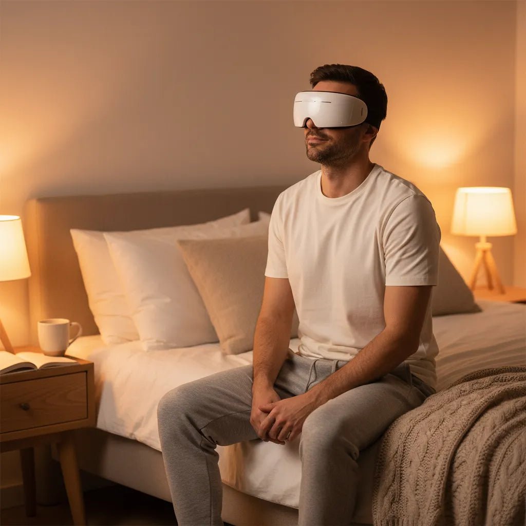 Homme utilisant le masseur yeux vapeur IceRelief avant le coucher - routine relaxation nocturne