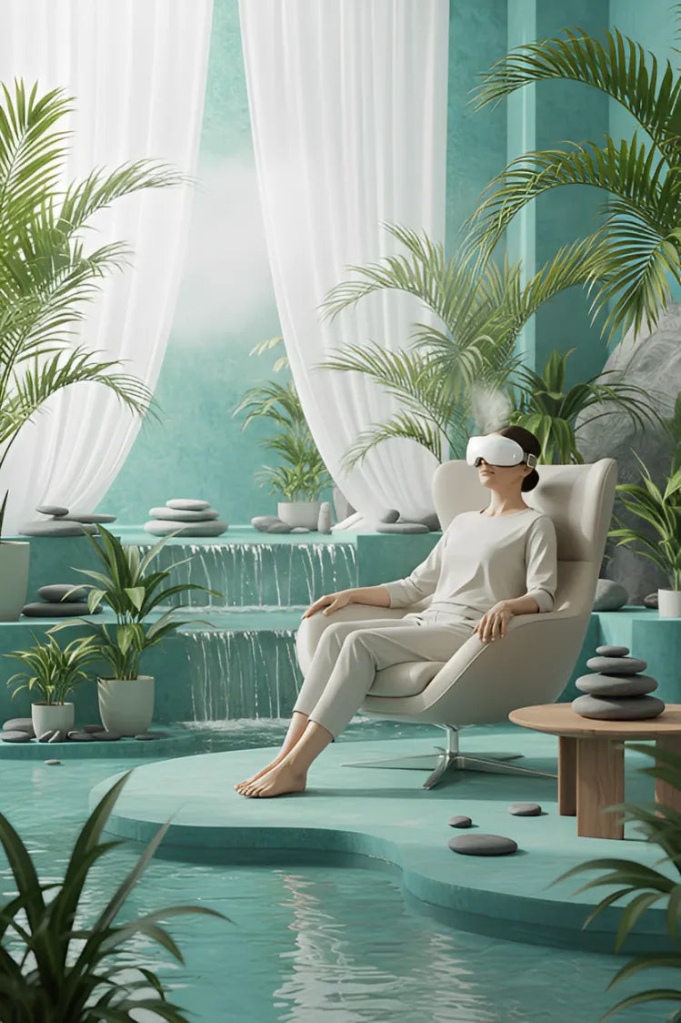 Femme relaxée utilisant un masseur oculaire blanc dans un environnement spa zen avec cascade pour soulager la fatigue oculaire.