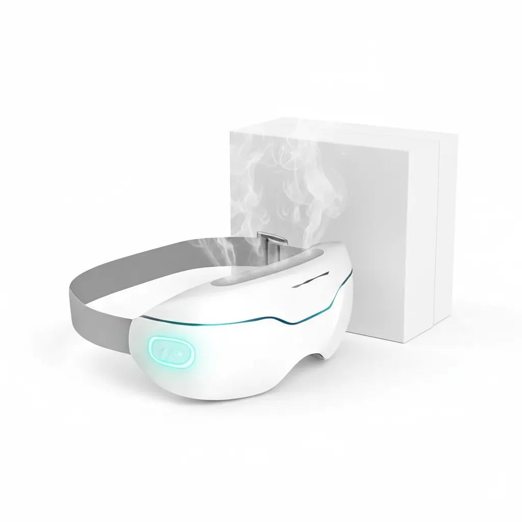 Masseur oculaire vapeur chaude IceRelief - soulage fatigue yeux, compression air, chaleur infrarouge, appareil bien-être blanc, fond blanc