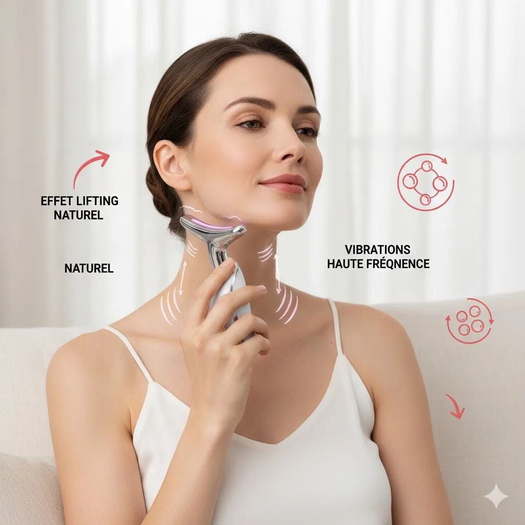 Masseur visage LED IceRelief anti-rides raffermissant - femme utilisant appareil chromé lumière rose
