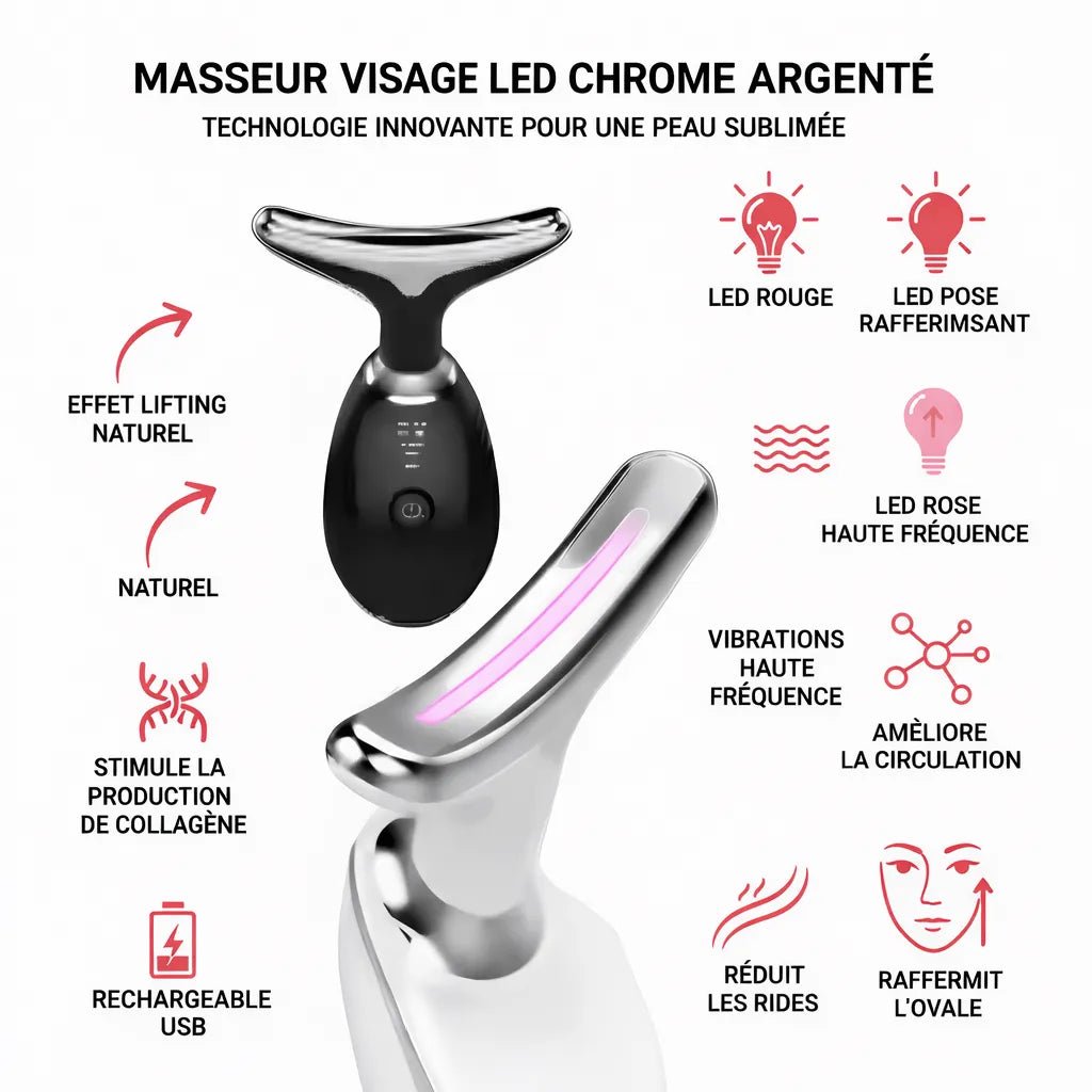 Technologies masseur visage LED IceRelief - lumière rouge rose, vibrations, lifting, stimulation collagène