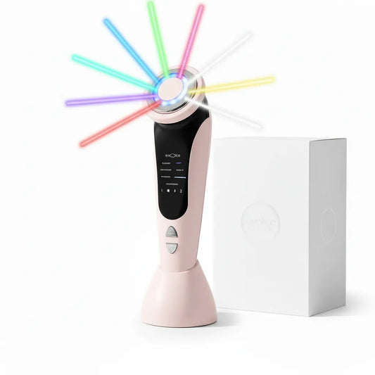 Masseur visage LED 7 couleurs IceRelief - lifting anti-rides, photothérapie rouge bleu vert, appareil beauté professionnel rose, fond blanc