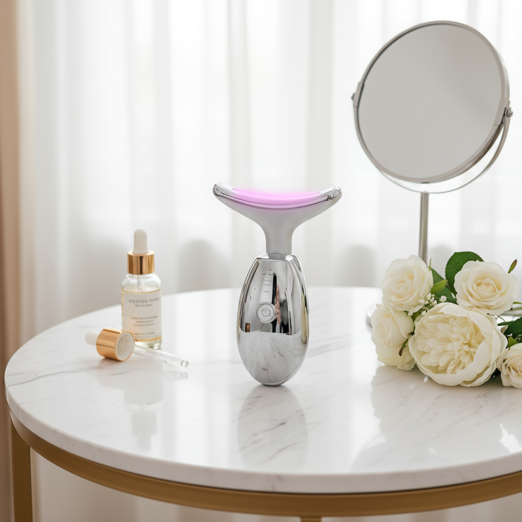 Masseur visage LED anti-rides raffermissant - appareil chromé luxe professionnel
