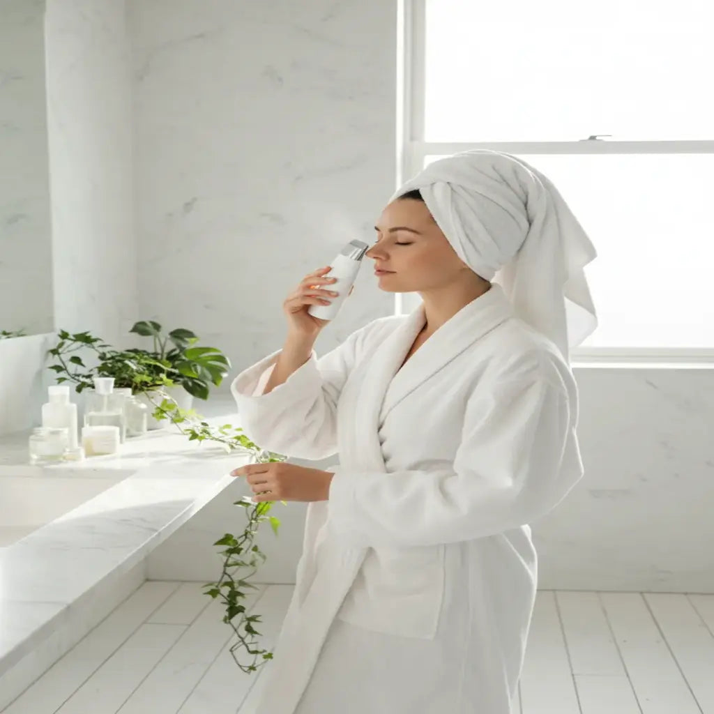 Routine beauté soir avec le nettoyeur ultrasonique IceRelief devant miroir.