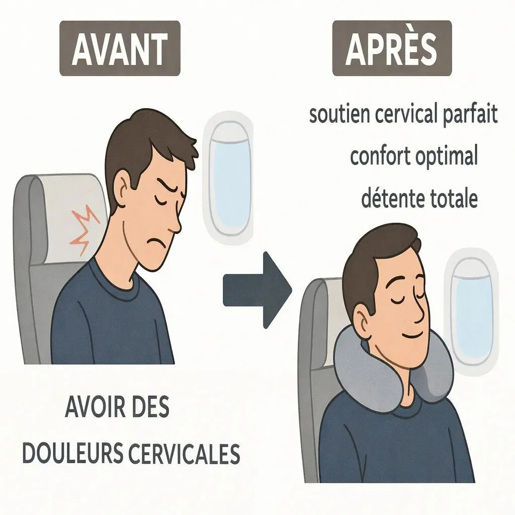 Oreiller cervical voyage avion icerelief élimine douleurs nuque soutien ergonomique confort optimal détente totale vol long courrier