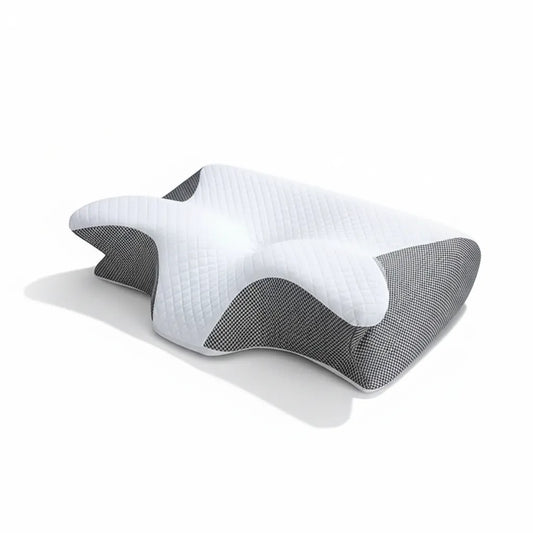 Oreiller cervical 2-en-1 IceRelief mémoire de forme - forme papillon ergonomique blanc et gris, anti-douleur nuque épaules, studio fond blanc