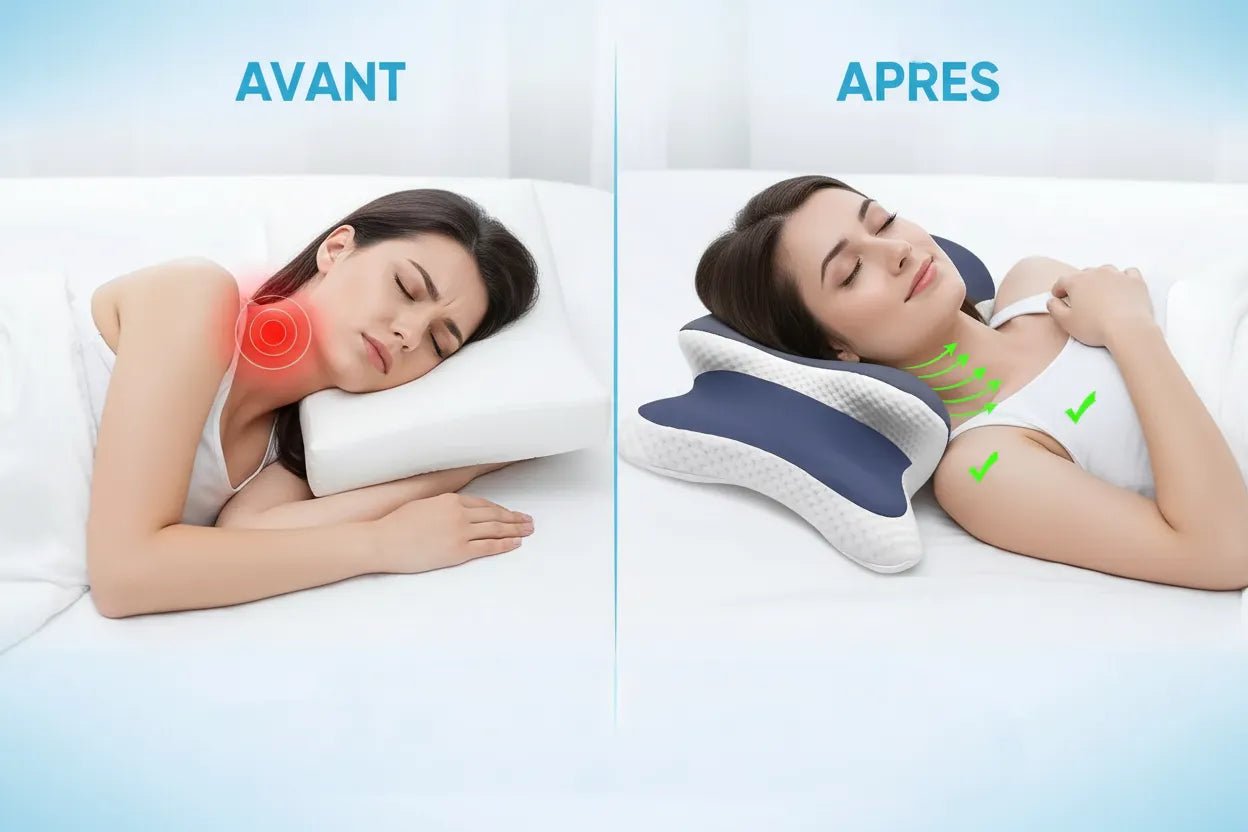 Oreiller Cervical Avant Après - Réduction Douleurs Nuque Tensions Cervicales Soutien Adaptatif