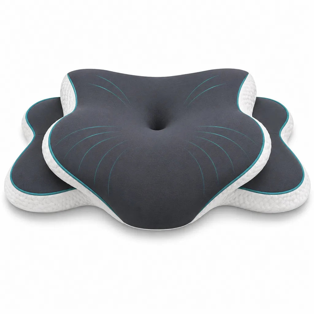 Oreiller cervical ergonomique IceRelief à mémoire de forme avec design cœur multi-positions, vue studio sur fond blanc avec ombre légère pour fiche produit Google Shopping.