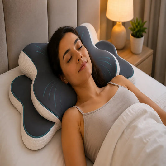 Femme dormant paisiblement sur un oreiller cervical ergonomique en forme de cœur IceRelief dans une chambre chaleureuse pour soulager les tensions cervicales et améliorer le confort du sommeil.