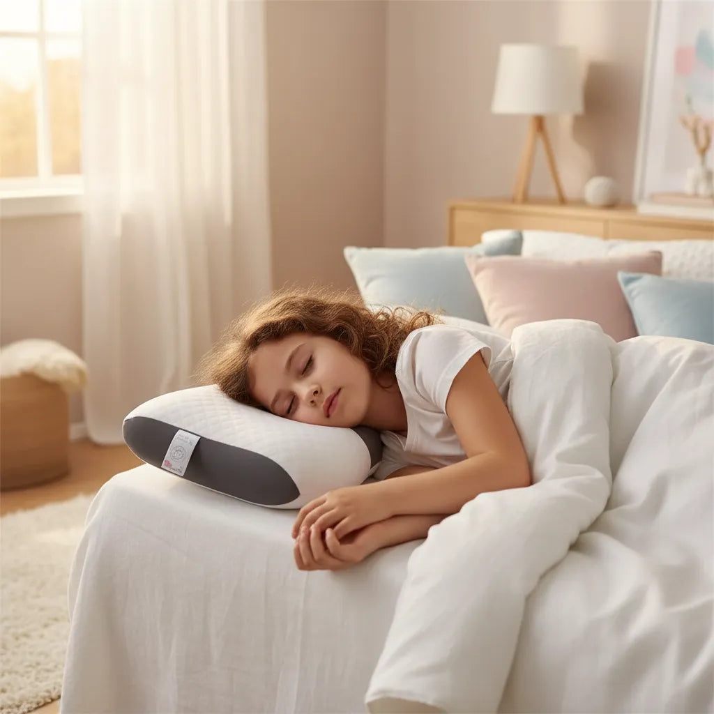 Petite fille dormant paisiblement sur oreiller cervical ergonomique IceRelief blanc et gris anthracite, chambre cosy lumière naturelle