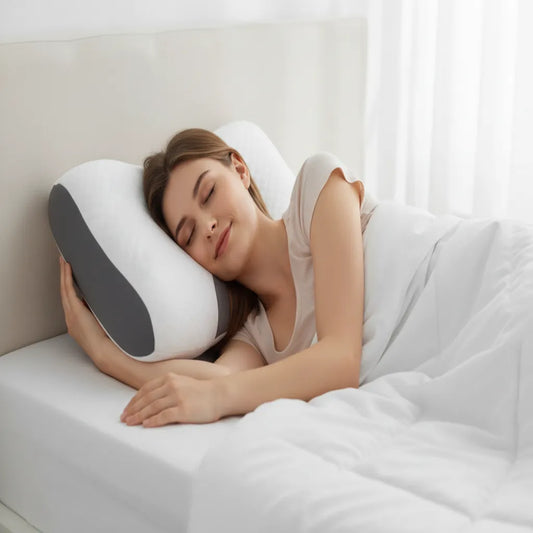 Femme dormant sur le côté avec oreiller cervical ergonomique papillon pour soutien de la nuque et confort du sommeil