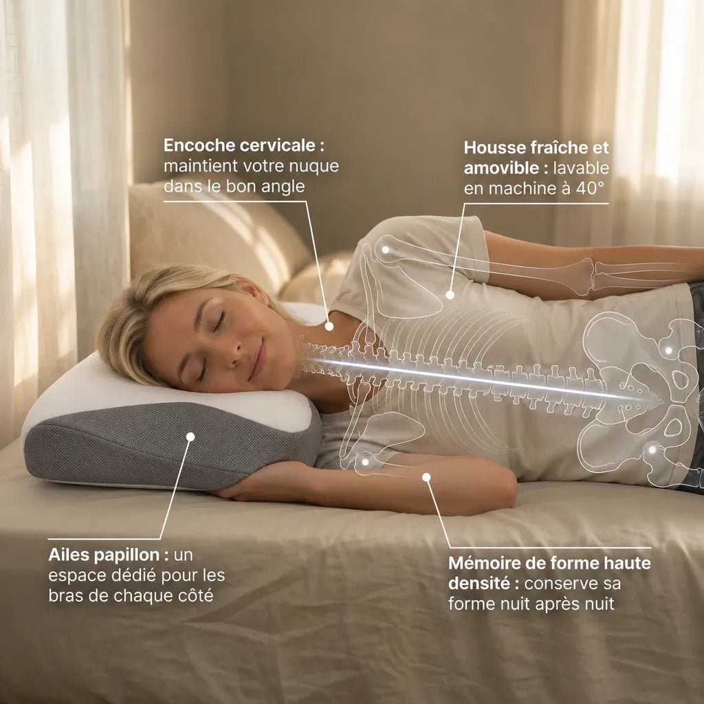 Femme blonde dormant confortablement sur un oreiller cervical ergonomique gris et blanc avec alignement de la colonne vertébrale mis en avant.