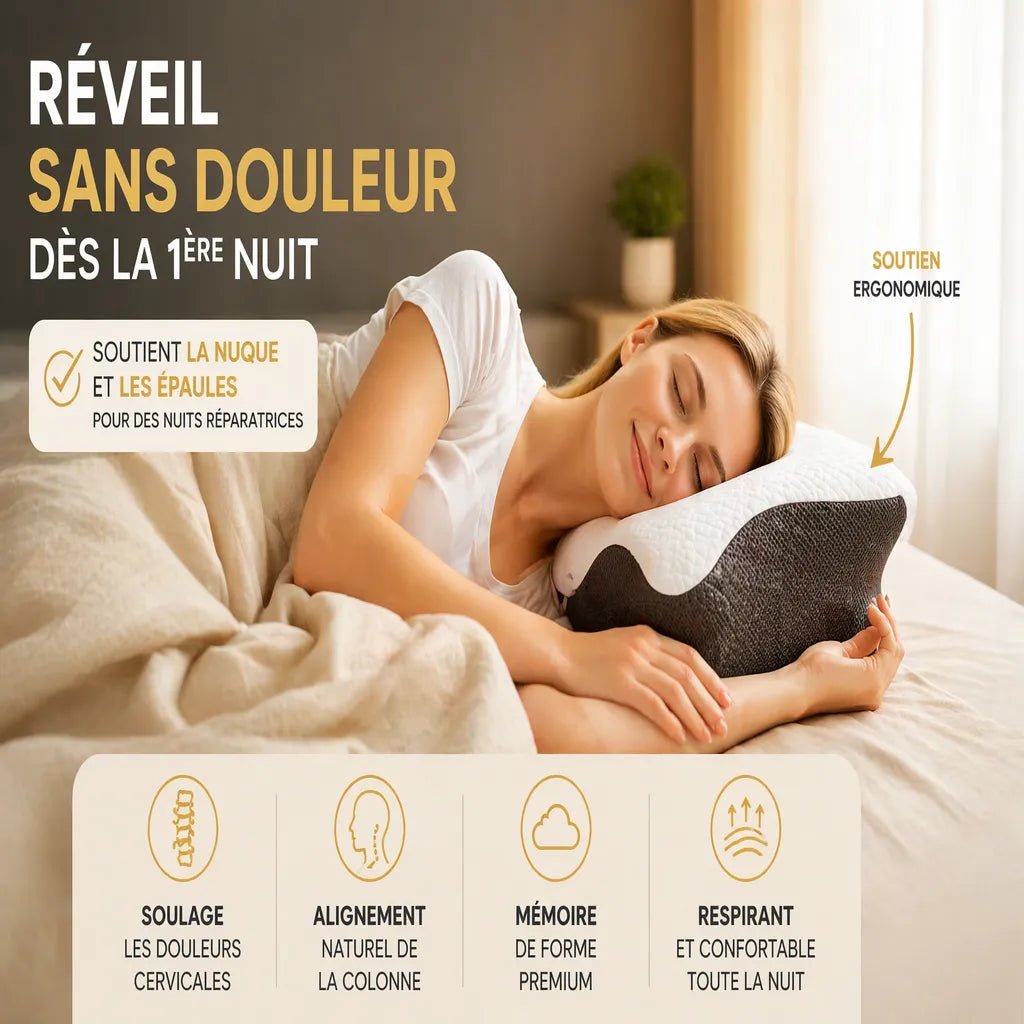 Oreiller cervical ergonomique IceRelief 2-en-1 mémoire de forme - annotation zone soutien cervical nuque, fond blanc studio