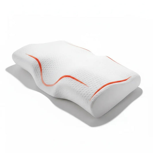 Oreiller cervical mémoire de forme IceRelief - forme papillon ergonomique blanc lignes rouges, anti-douleur nuque sommeil, studio fond blanc