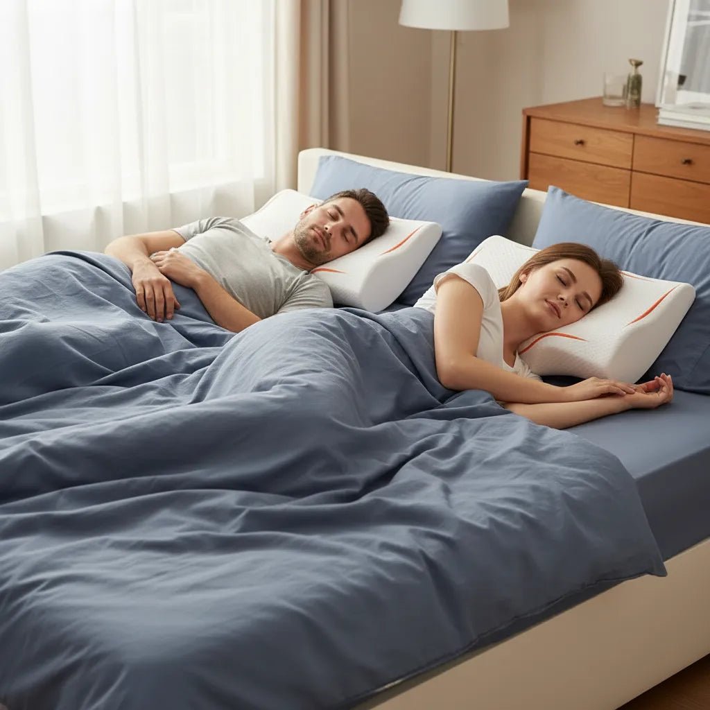 Couple dormant sur oreillers cervicaux mémoire de forme IceRelief blanc liseré orange-rouge, lit king-size chambre moderne draps indigo