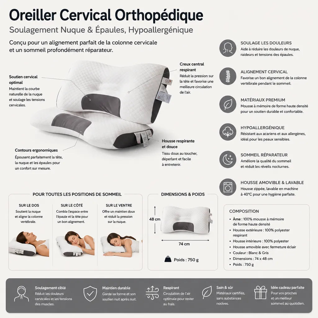 Infographie de l’oreiller cervical orthopédique hypoallergénique avec soutien ergonomique de la nuque et des épaules, mousse à mémoire de forme et dimensions 74 x 48 cm.