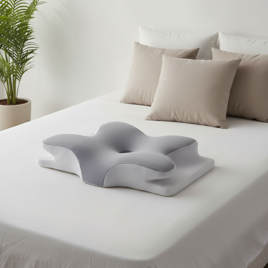 Oreiller cervical forme papillon - ambiance chambre scandinave zen moderne
