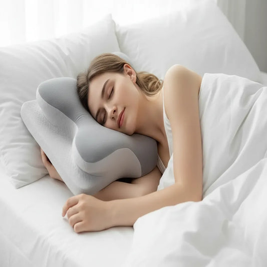 Femme dormant sur le côté avec oreiller cervical ergonomique papillon pour maintien de la nuque et confort optimal