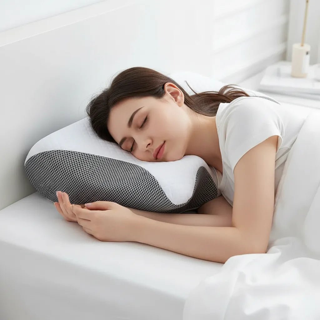 Gros plan oreiller cervical IceRelief - soutien nuque mémoire de forme - forme ergonomique papillon alignement tête cou colonne