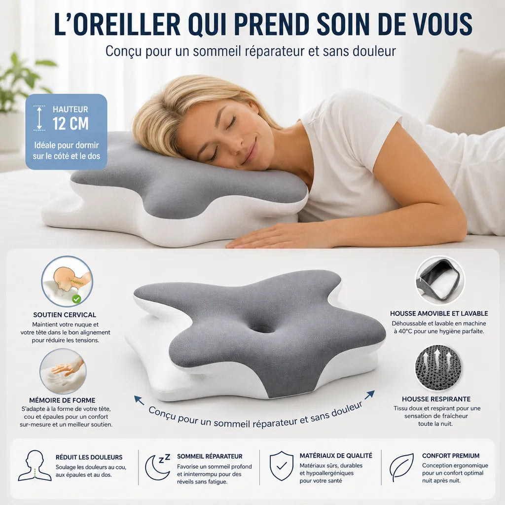 Gros plan oreiller cervical papillon IceRelief mémoire de forme – texture ergonomique, creux central nuque, maintien cervical